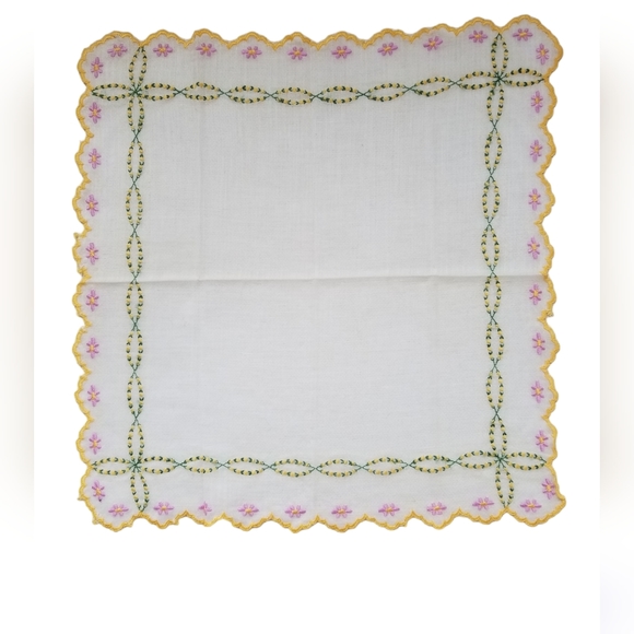 Vintage Accessories - VTG Hand-Embroidered Pink, Green & Yellow Handkerchief